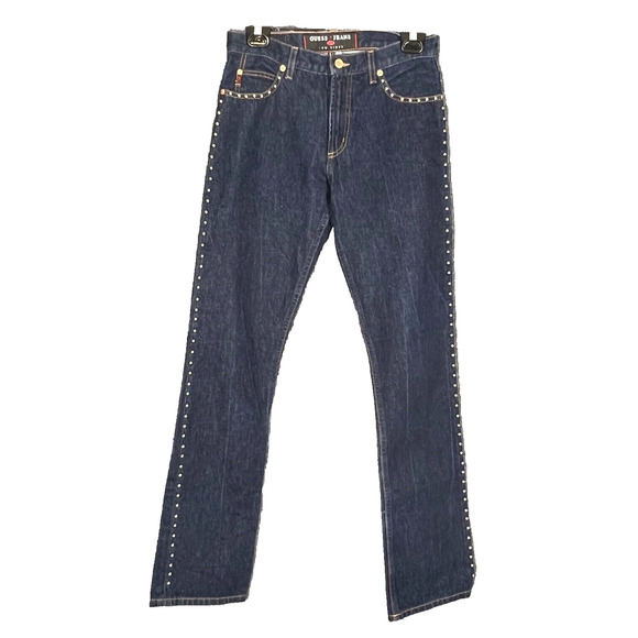 Guess Vintage 90s Low Rider Jeans Womens Sz 27 Blue Denim Studded Bootcut Retro - Picture 1 of 9